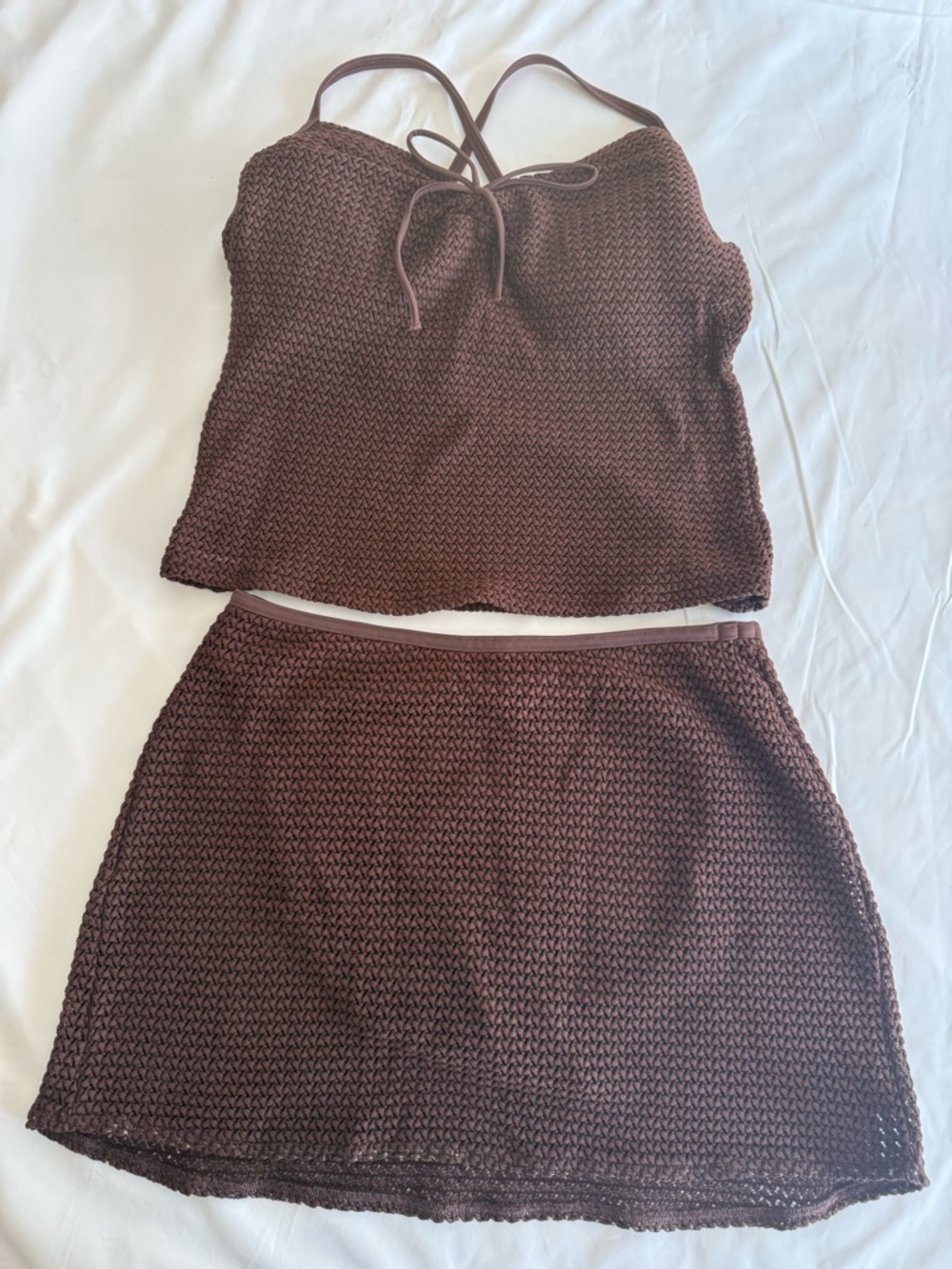 Victoria's Secret Brown Crochet Tankini Skirt Set Vintage Y2K